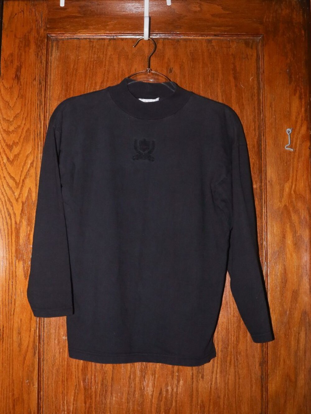 Vintage Black Long Sleeve Mock Neck Shirt with Embroidered Crest